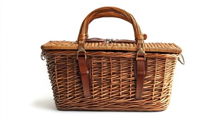Colonial wicker picnic basket isolated on white background. 