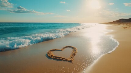 Serene beach scene at sunset with gentle waves washing over sandy shore showcasing a heart shape formed in the sand and warm sunlight reflecting on the ocean