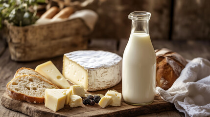 Fresh dairy and cheese selection on rustic wooden table with bread and dried fruits