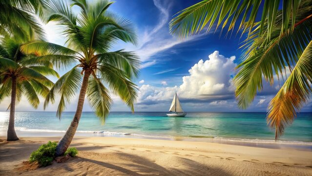 Sandy beach with palm trees and a sailboat in the distance, beach guardamar del segura