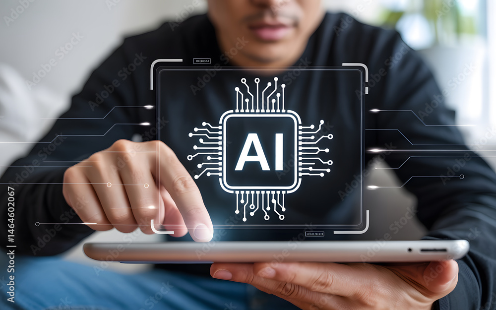 Aufkleber person interacting with artificial intelligence ai technology visualized on a digital tablet device 