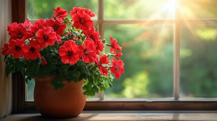 Bright red flowe plant in a terracotta pot placed on a wooden ill with sunlight shining through a large window revealing lush green trees outside du daytime