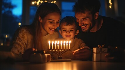 Heartwarming family celebration with young child blowing out birthday candles on a chocolate cake in warm cozy home at night with smiling parents