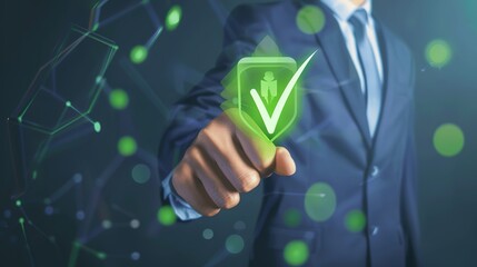 Businessman confidently holding a virtual green check mark, symbolizing success, achievement, and completion in a digital business context. This scene represents verification, approval,