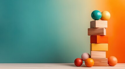A visually appealing arrangement of colorful wooden blocks and spheres stacked on a table with a vibrant background, combining playfulness and artistic design.
