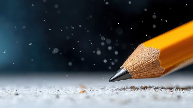 A close-up shot of a sharpened pencil poised above a dusty surface, highlighting the artistry of writing and creation, surrounded by tiny particles caught in the light.