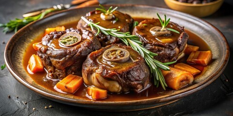 Fototapeta premium osso buco with braised veal shanks on a plate garnished with rosemary sprigs and served in a rich demiglace sauce, beef shank, slow cooked