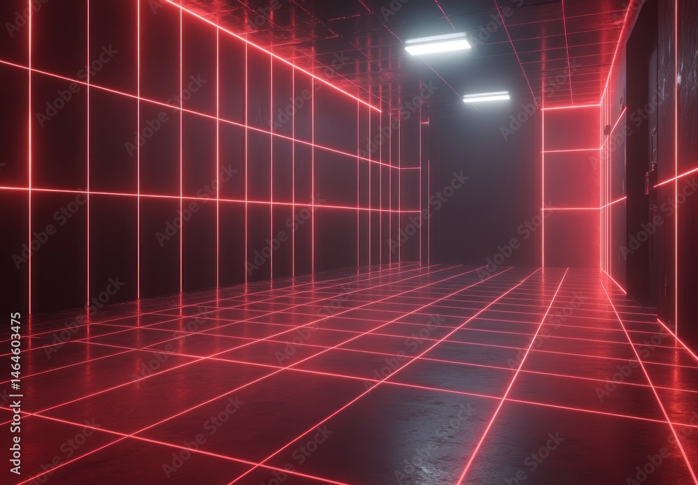 Poster futuristic neon corridor with bright red grid pattern and ambient fog for sci-fi themes and creative