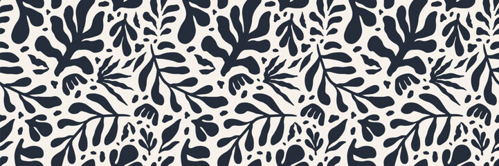 Simple abstract contemporary seamless pattern. Hand drawn flower and leaf shape textures in black and white. Abstact organic shape. Repeatable floral vibrant modern boho prints. Vector illustration