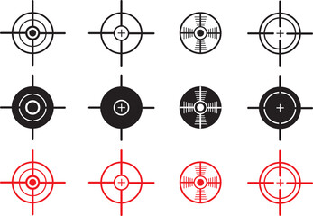 Target Vector Icon Set with Solid Black and Red Outline, Bullseye Aim Symbols Collection