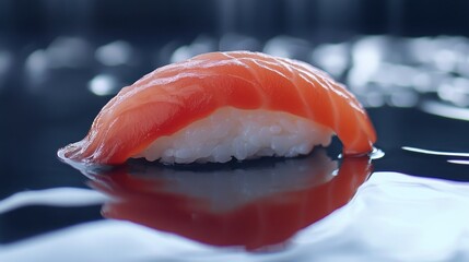 A Single Piece of Salmon Nigiri Sushi Floating on Water