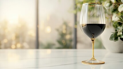 A stunning wine glass filled with dark wine, elegantly illuminated by golden sunlight, showcasing the beauty and sophistication of fine dining and wine tasting moments.