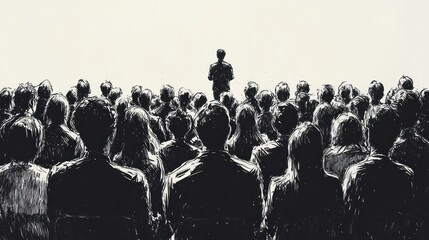 Naklejka premium Audience Listening to Speaker on Stage in Black and White Illustration for Business or Event Concept