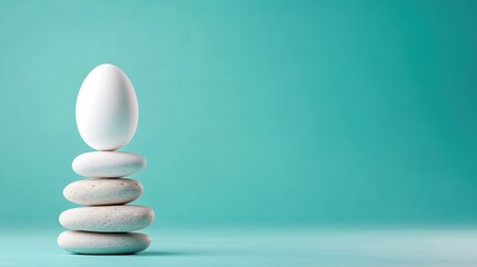 A captivating arrangement of smooth pebbles topped with a pristine white egg, symbolizing balance, harmony, and the fragility of life against a calming turquoise backdrop.