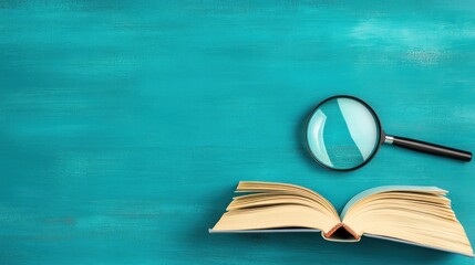 Open book and magnifying glass on teal background education research and discovery