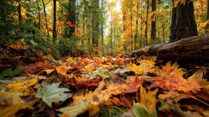 Colorful autumn leaves on forest floor  