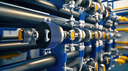 Naklejka premium Industrial machinery closeup pipes valves and gauges in detailed view