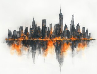 Obraz premium Abstract urban skyline illustration with vibrant orange highlights and reflections in a modern, artistic style
