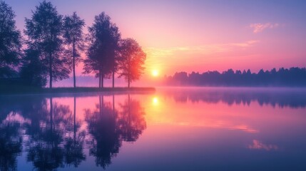 Obraz premium Serene Sunrise Over Misty Lake