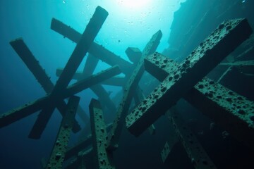 Concrete structures submerged underwater, serving as artificial reefs to support marine life and prevent coastal erosion.