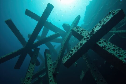 Concrete structures submerged underwater, serving as artificial reefs to support marine life and prevent coastal erosion.