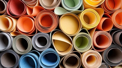 Colorful rolls of material in various shades.