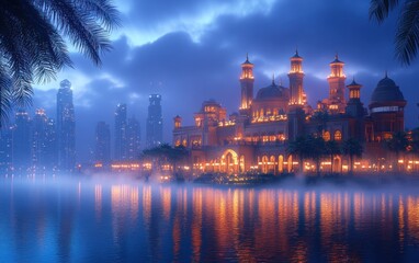 Obraz premium Illuminated Mosque, Cityscape, Night, Fog, Reflection