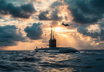 Submarine Emerging from Ocean Under Dramatic Sky with Aircraft Flying Above at Sunset