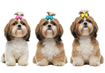 Adorable photorealistic studio shot of three Shih Tzu dogs with long flowing hair groomed neatly, each wearing a different small, colorful bow on top of its head (e.g., pink, blue, yellow). 