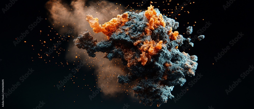 Poster exploding, nebulous form in greyscale and orange over a dark background