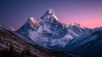 Majestic snow-capped mountain peak at sunrise with pink-purple sky, dramatic lighting highlighting textures and contours.