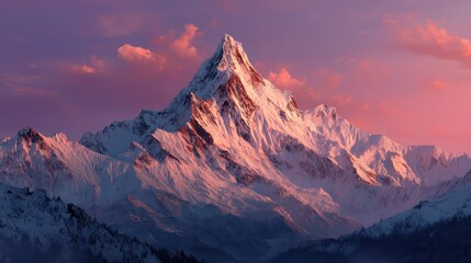 Obraz premium Majestic snow-capped mountain peak at sunrise with pink-purple sky, dramatic lighting highlighting textures and contours.