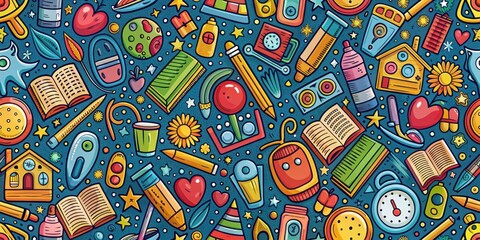 Bright colorful doodle seamless pattern of school supplies and learning elements, artsy textures, colorful patterns