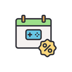 Promotional gaming event calendar with discount symbol for advertisement