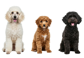 Photorealistic studio shot showcasing three Poodles side-by-side: one standard white poodle in a continental clip, one miniature apricot poodle in a puppy clip, and one toy black poodle 