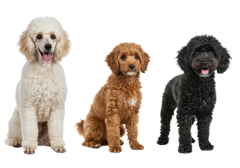 Photorealistic studio shot showcasing three Poodles side-by-side: one standard white poodle in a continental clip, one miniature apricot poodle in a puppy clip, and one toy black poodle 