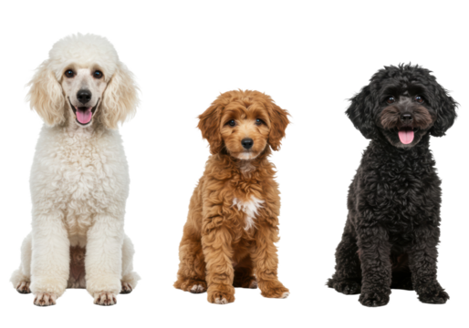 Photorealistic studio shot showcasing three Poodles side-by-side: one standard white poodle in a continental clip, one miniature apricot poodle in a puppy clip, and one toy black poodle 
