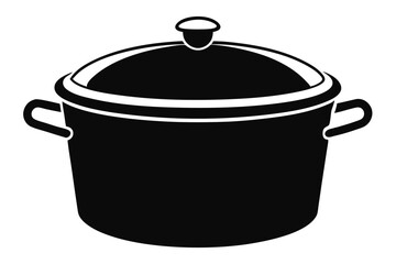 Sleek black cooking pot icon displays handles and a fitted lid on a white background