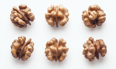 Obraz premium Close-Up View of Fresh Walnuts on White Background Showcasing Unique Textures and Shapes of Nature's Edible Delicacies