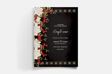 WEDDING INVITATION FRAME WITH FLOWER DECORATIONS AND FRESH LEAVES