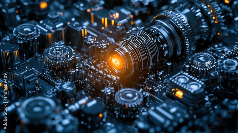 Poster intricate metallic gears and components close up view