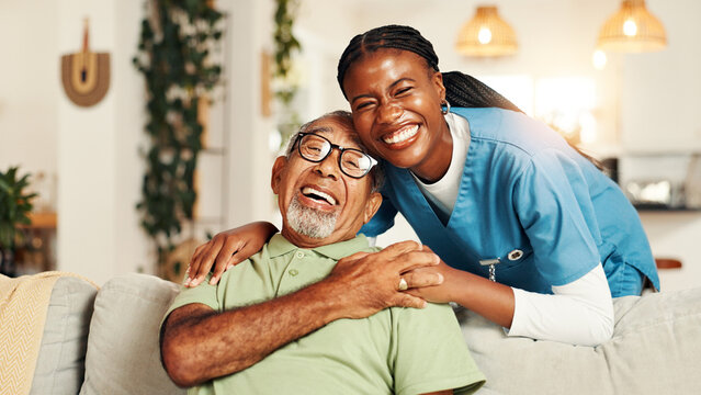 Hugging, portrait and nurse with senior patient for comfort, support or care for good news. Happy, consultation and caregiver embracing elderly male person on sofa in living room at nursing home.