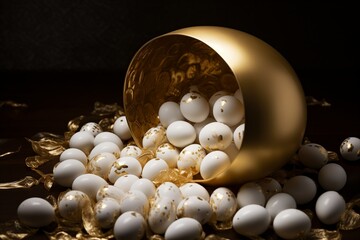 Gold Bowl Pouring White Eggs with Golden Accents