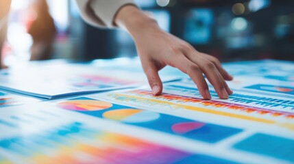 Close-up of a person's hand reviewing colorful charts and graphs.