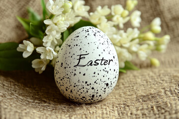 Egg with "Easter" text, speckled black and white, near white flowers on fabric. Concept of spring and celebration. For greeting card design or seasonal decoration.