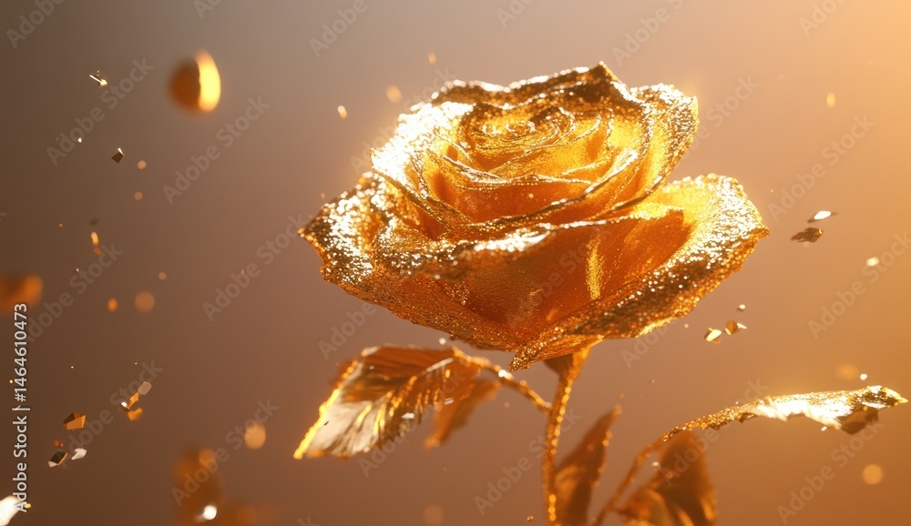 Poster golden rose with shimmering petals and sparkling background in soft light reflection