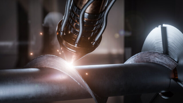 High-precision CNC 3D printing process of a large metal auger using a rotary axis. The footage shows additive manufacturing with a robotic laser head building up metal layers on a rotating part.