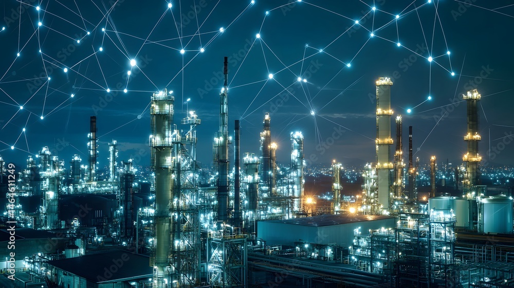 Poster a city skyline at night with many lights on. the lights are connected to a network, creating a web o