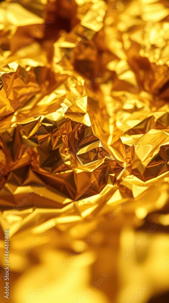Poster glistening folds of golden foil reflecting light create an abstract texture in a captivating close-u