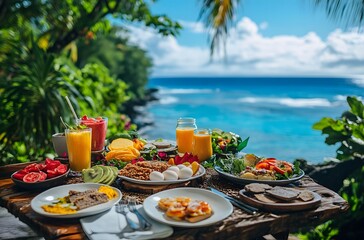 During summer vacations, tables are set with luxurious food and juices in a beautiful setting by the sea. The idea is to spend the vacation in a beautiful setting and represent a romantic atmosphere.